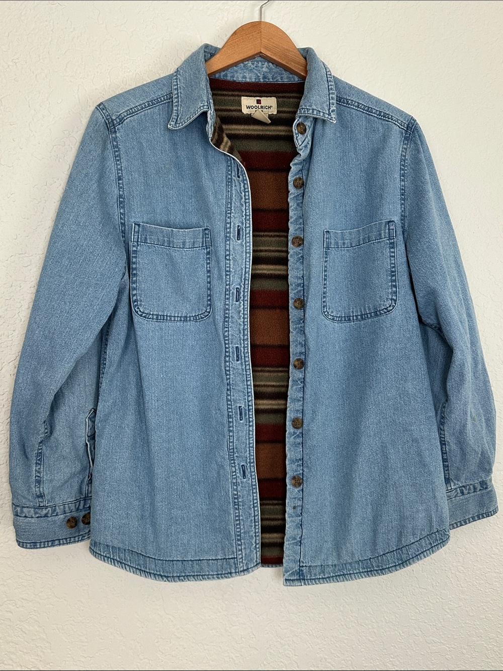Vintage Woolrich Light Blue Denim Shirt Jacket Fleece Lined Fall Western Outdoor